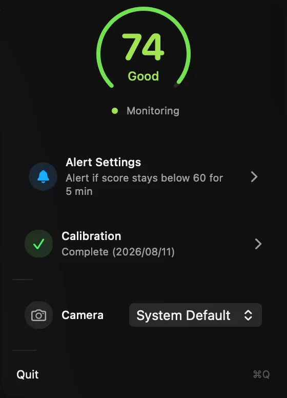 The menu bar panel showing a posture score of 74, marked Good