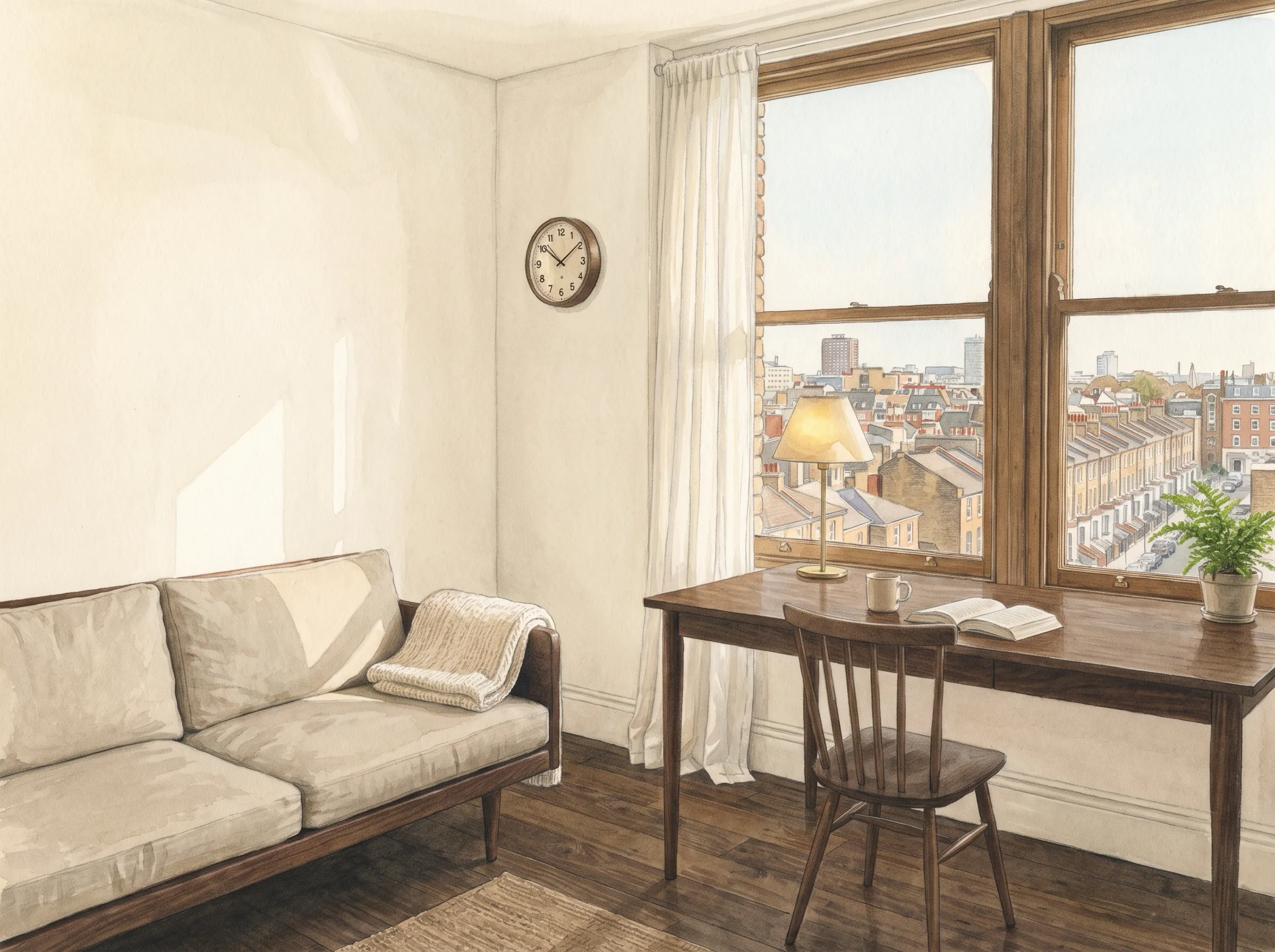 A sunlit room with a linen sofa and a lamp-lit desk under the window, city rooftops beyond