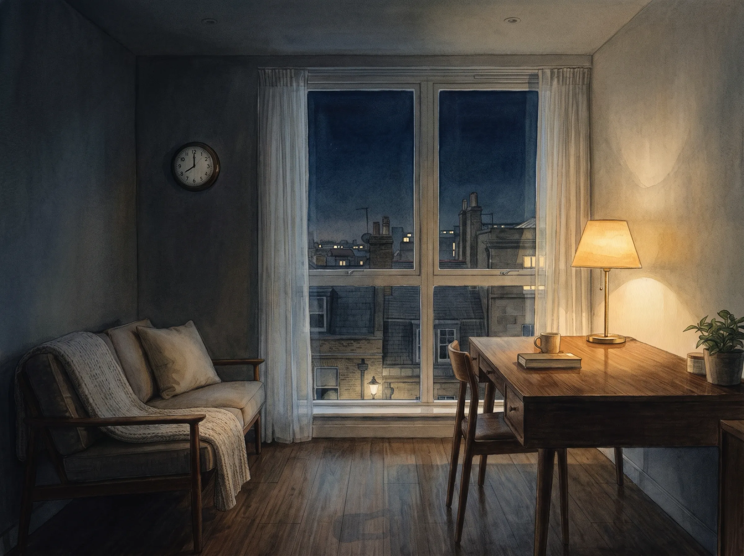 The room at night, lit only by the desk lamp and the windows outside