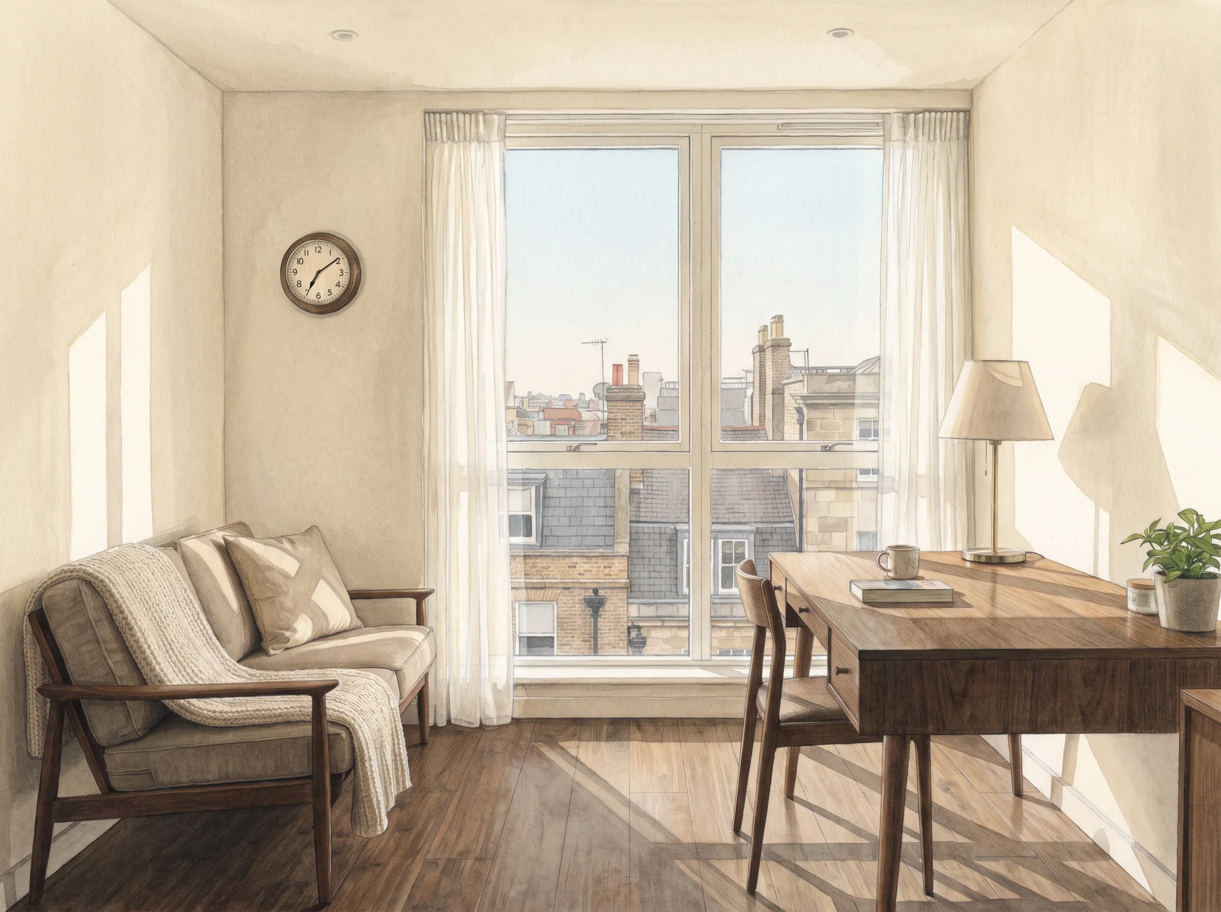 The room in morning light, a clear sky over the rooftops outside