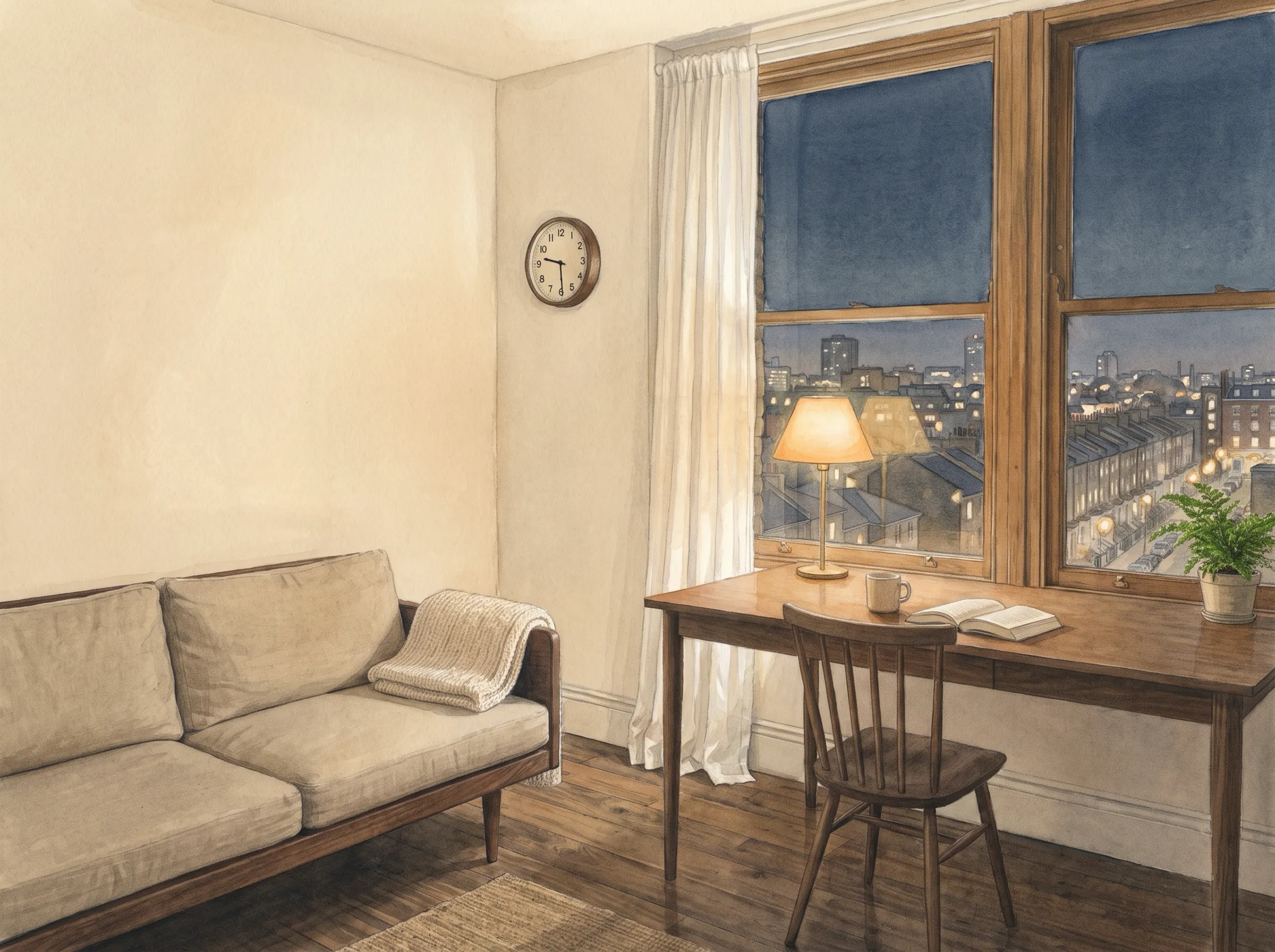 The same room after dark, the desk lamp on and lit windows spread across the rooftops