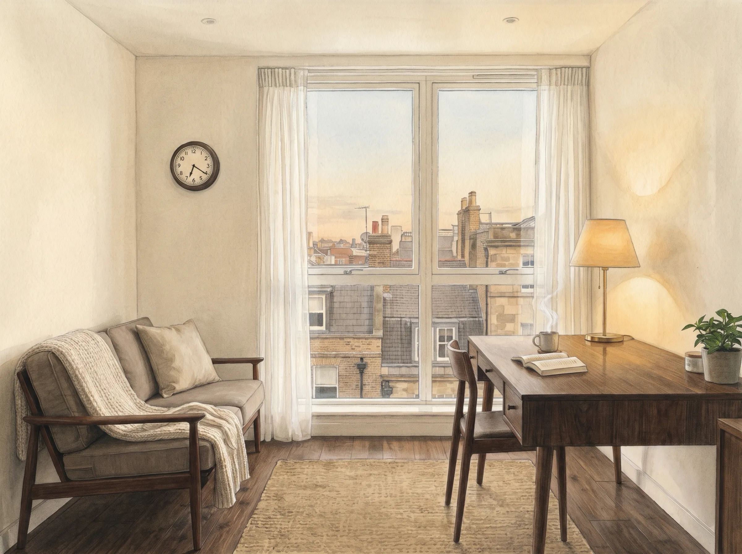 The room at golden hour, a steaming mug and an open book left on the desk