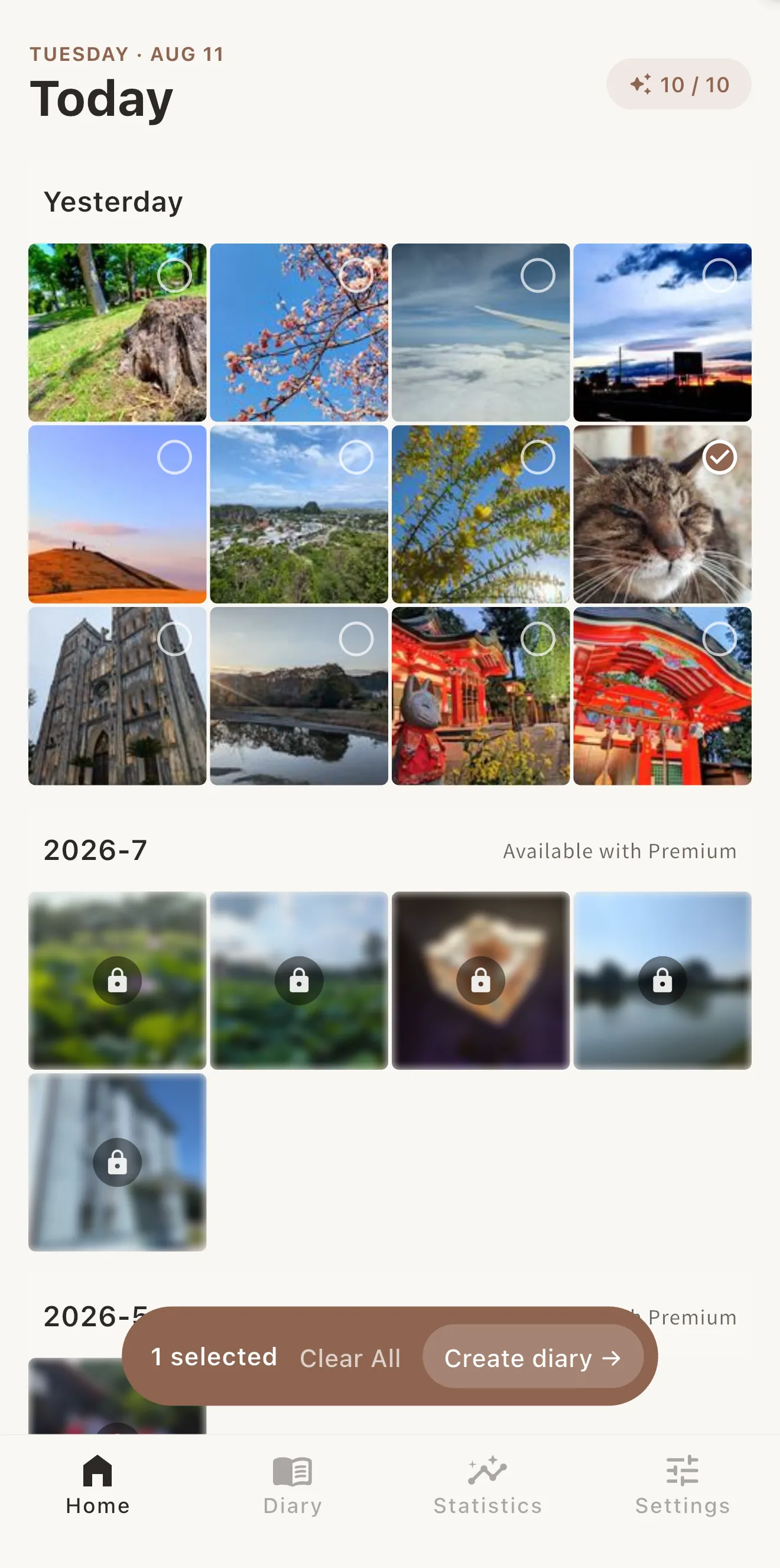 The photo picker, with one photo of a dozing cat selected