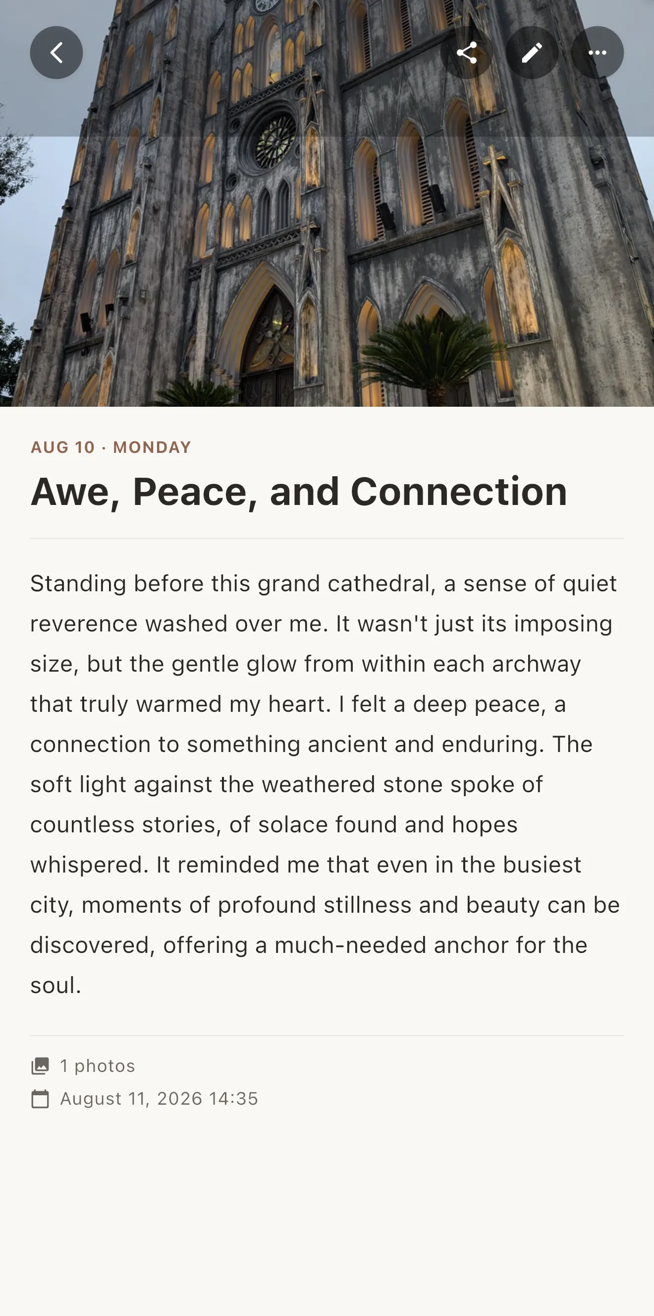 The finished entry: a photo of a cathedral above a short diary written from it
