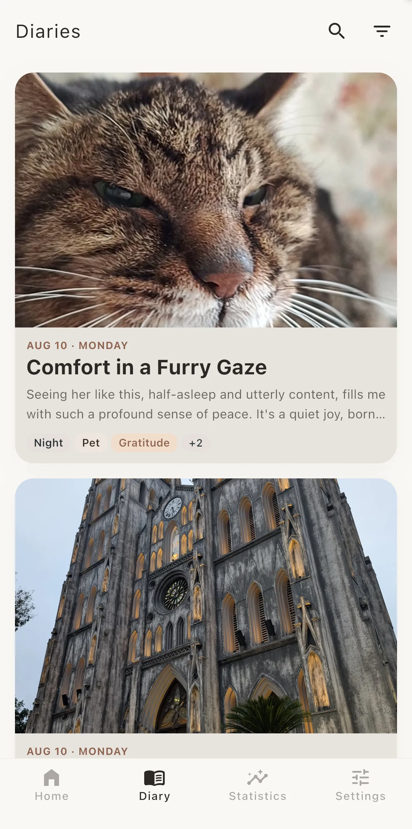 The diary list: each entry a photo, a title, an excerpt, and its auto tags