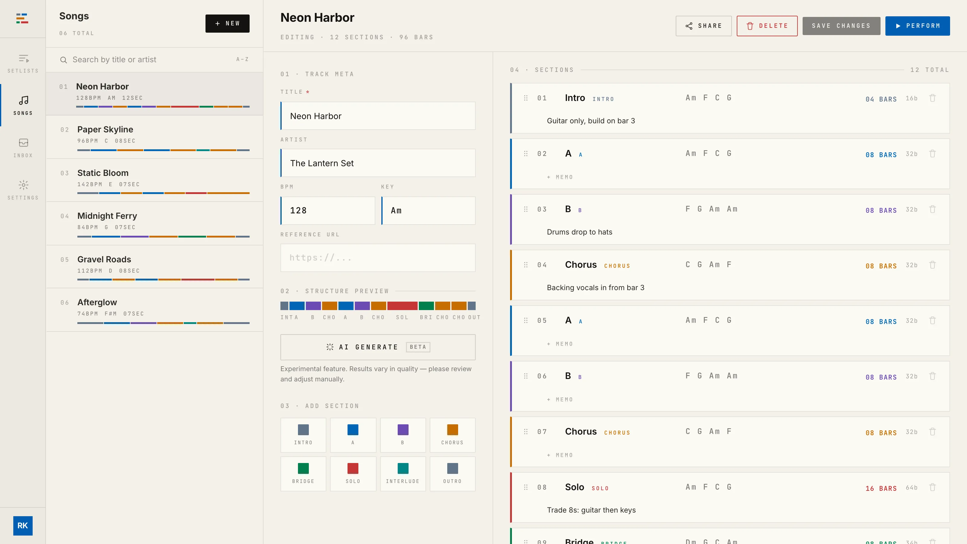 The song editor: the song list, the track details, and twelve sections with chords and bar counts