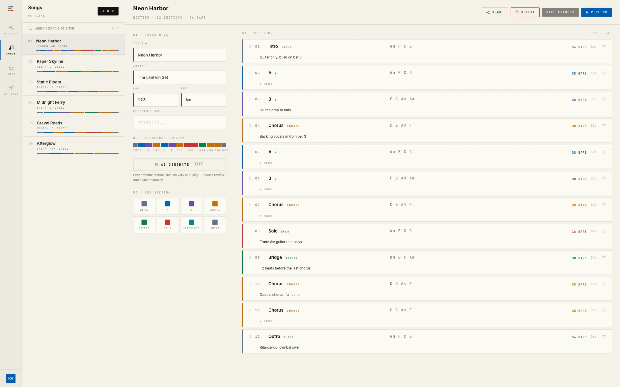 The song editor with all twelve sections listed, each carrying its chords, bar count, and memo
