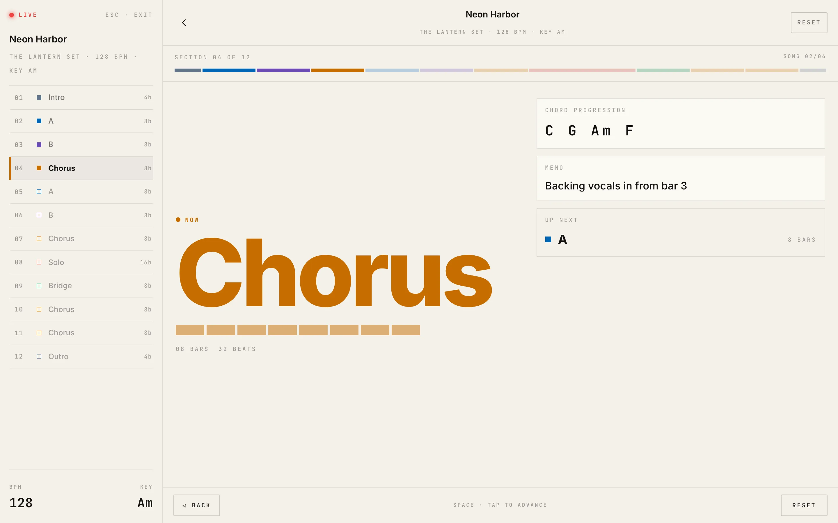 The performance view: “Chorus” in large type, the chord progression, and the section coming up next